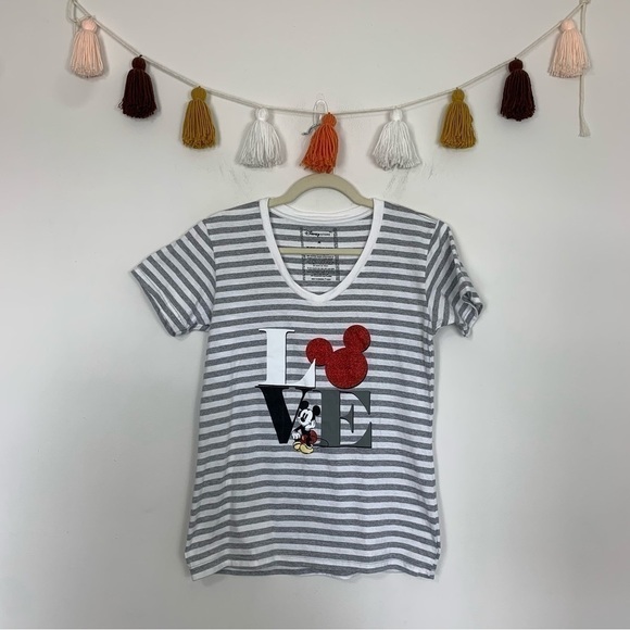 Disney Tops - Disney White Gray Stripe Love Graphic T-Shirt Size Medium